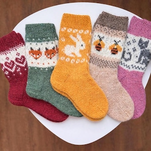 Op de afbeelding: Vijf paar gebreide sokken in verschillende kleuren, elk met een uniek patroon. Ontwerpen omvatten harten, vossen, een konijn, bijen en een kat. De sokken worden gepresenteerd op een wit oppervlak.