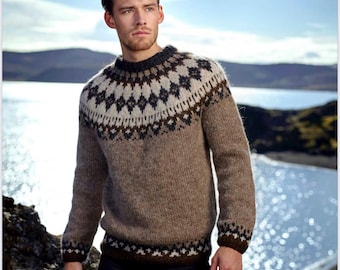 Men's Icelandic Hand Knit Norwegian Sweater, Nordic Pure Wool Lopapeysa Sweater KÁTIR, Norway Lopi Fair Isle Style Sweater for Men