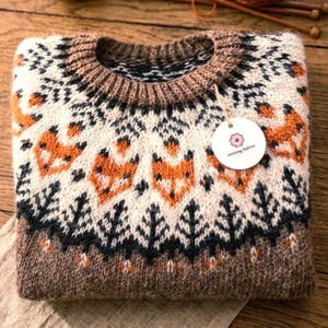 Icelandic Handknit Fox Sweater, Forest Wool Fair Isle Jumper, Woodland Cottagecore Nordic Knitwear, Cozy Animal Pullover, Gift for Fox Love