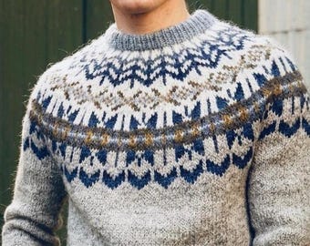 IJslandse Lettlopi-wollen trui, authentieke handgebreide Nordic Lopapeysa, Scandinavische trui voor heren, Fair Isle-trui, Noorse trui