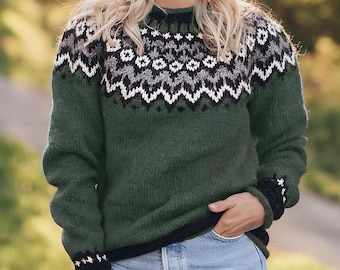 Icelandic Sweater RIDDARI  Womens Nordic Lopapeysa Cozy Camping Pullover Fair Isle Norwegian Lopi Wool Eco Friendly Jumper Gift for Her