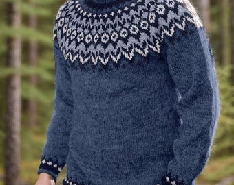 Men's Icelandic Hand Knit Norwegian Lopi Sweater, Nordic Pure Wool Lopapeysa Sweater RIDDARI, Norway Camping Fair Isle Style Sweater for Men