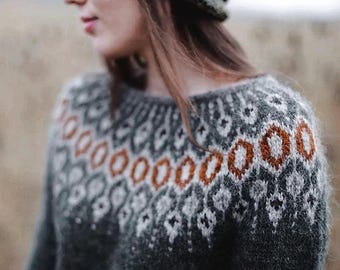 Icelandic Fair Isle Sweater TELJA Dark Gray Eco Wool Pullover Nordic Warm Lopi Jumper Hand knit Scandinavian Lopapeysa Norwegian Sweater