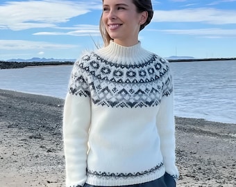 White Icelandic Sweater GJÖF Norwegian Pullover Nordic Scandinavian Wool Iceland Lopapeysa Womens Hand Knit Fair Isle Norway Gift Jumper