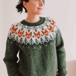 Pine Green Fox Icelandic Sweater, Norwegian Style Hand Knit Lettlopi Lopapeysa, Scandinavian Fair Isle Colorwork Jumper, Nordic Pullover