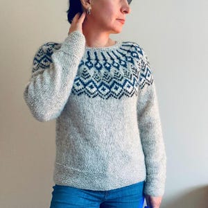 Icelandic Sweater TREELIGHT Fair Isle Wool Pullover Scandinavian Nordic Lopi Norway Light Gray Lopapeysa Norwegian Yoke Jumper Womens Gift