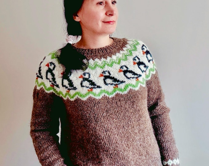 Featured listing image: Ready to Ship Size M PUFFINS Icelandic Hand Knit Brown Fair Isle Wool Norwegian Womens Puffin Jumper Nordic Lopapeysa Scandinavian Pullover