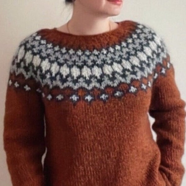 TREYSTA Icelandic Sweater, Cozy Nordic Lopapeysa, Warm Pure Wool Fair Isle Pullover, Hand knit Scandinavian Outdoor Jumper-Made to Order