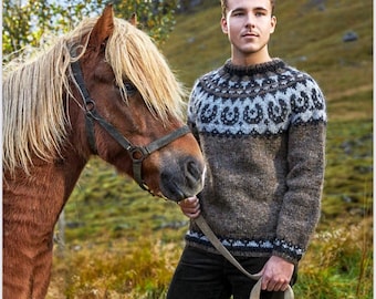 Men's Icelandic Hand Knit Scandinavian Sweater, Nordic Pure Wool Lopapeysa Sweater HORSESHOE,  Norway Lopi Norwegian Sweater for Men