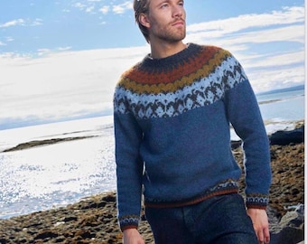 Icelandic Hand Knit Fair Isle Sweater Men's Nordic Pure Wool Lopapeysa SKARFAR Scandinavian Bird Jumper Norway Norwegian Sweater for Men