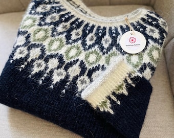 Icelandic Sweater TELJA Womens Norwegian Fair Isle Blue Wool Pullover Nordic Lopapeysa Norway Hand knit Scandinavian Jumper Gift for Her