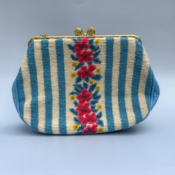Vintage Fabric Evening Bag Needlepoint Embroidered Bag Carpetbag Flapper Bag Clasped Handbag with Chain