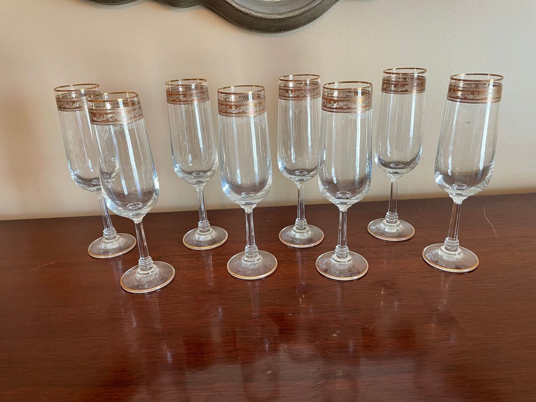 Gold Rimmed Champagne Flutes Set of 8 Vintage Wedding Glasses Etsy