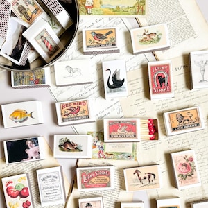 May include: A collection of rectangular matchboxes featuring vintage-style illustrations including animals, birds, flowers, and text labels like Lucky Strike, Swan Vestas, and Lion Brand. Some boxes are open, revealing wooden matches with red tips.