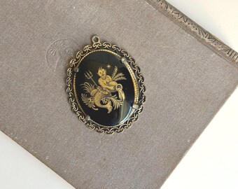 Vintage Aquarius Pendant: Black Glass Water Bearer Charm, Astrology Necklace