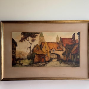 Antique French Colored Etching- “The Old Stone Bridge”- Alfred Van Neste- Antique Etchings- Antique Art