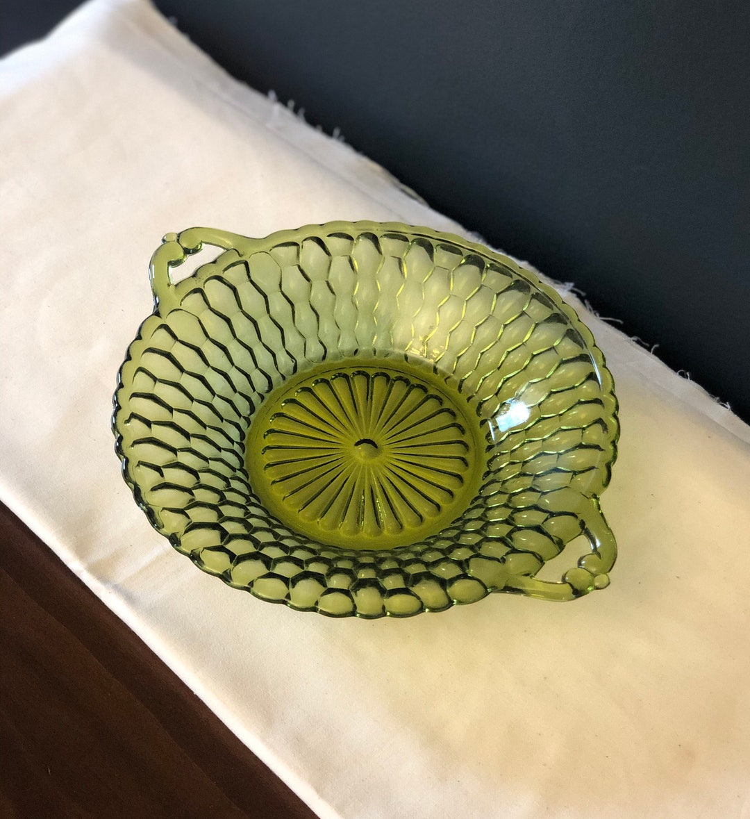 Vintage Green Indiana Glass Candy Dish Green Serving Dish Trinket Dish
