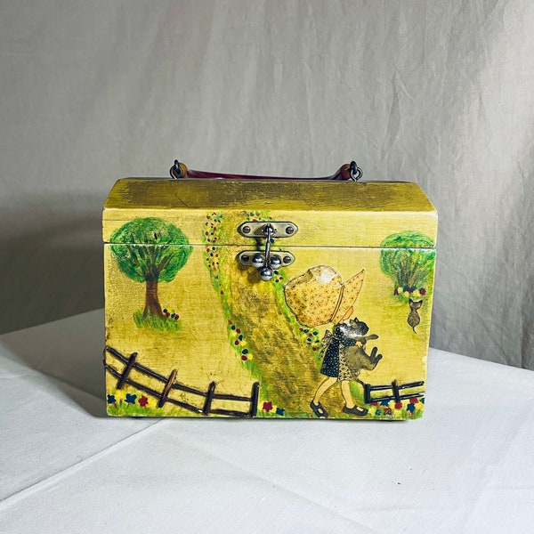 Vintage 1970s Holly Hobbie Box Acrylic Purse with Lucite Carrying Handle Felt Lined Holly Hobbie Jewelry 1970 Collectible Purse Decoupage