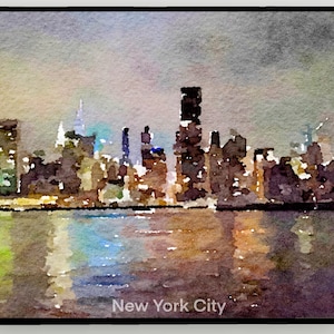 New York City wall art, NYC, East River, Brooklyn, Museum quality printable wall art, Skyline Reflections, Watercolor, NYC Poster