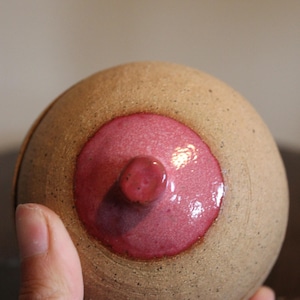 May include: A spherical ceramic object with a speckled tan, matte-textured exterior and a circular, glossy, vibrant pink center featuring a small, raised, rounded protrusion at the very top, creating a distinct contrast in both color and texture.