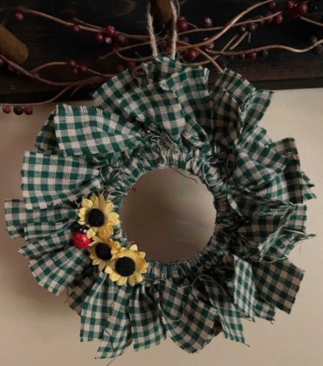Green Check & Sunflowers Mini Rag Wreath / Farmhouse / Homespun Rag ...