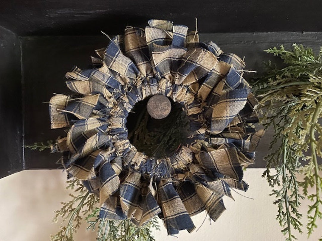 Prim Americana Blue Plaid Mini Rag Wreath / Homespun Mini Wreath ...