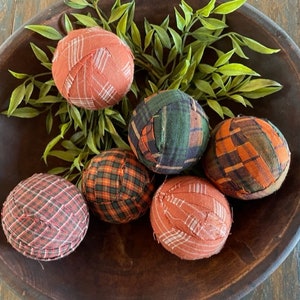 Marigold &#39;n Plaid Homespun Rag Ball 2.4&quot; - Set of 6 / Bowl Filler / Primitive Homespun Rag Ball / 2 1/2 inch / Country / Rustic Centerpiece