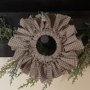 Sage Mini Check Homespun Mini Rag Wreath / Farmhouse / Primitive Rag Wreath / Taper Candle Ring / Gift / Rustic Candle Wreath
