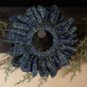 Blue Summer Plaid Homespun Mini Rag Wreath / Farmhouse / Primitive Rag Wreath / Taper Candle Ring / Gift / Rustic Candle Wreath