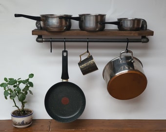 Wall Mount Pot Rack with Reclaimed Wood Shelf: Industrial Kitchen Decor
