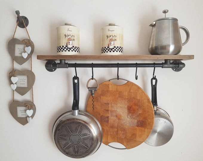 Handcrafted Solid Wood Wall Pot & Pan Rack - Vintage Style Skillet ...