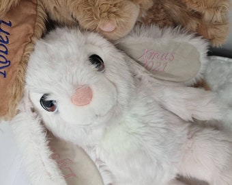 Huge personalised bunny brown white grey pink, ears customised by embroidery, 35cm height, 28cm width, christening birthday Easter keepsake