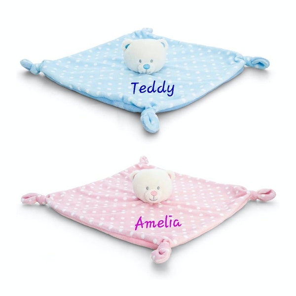 Personalised baby Teddy Comforter with rattle and knots, keel toys knotted Security Blanket, cute lovey with embroidered name, 28cm