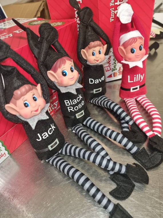 Personalised Elf in Black, Elves Behavin Badly, 12 Inch Long Legged Black  Adult Elf With Soft Body, Dangly Legs, Velcro Tape to Stick Hands 