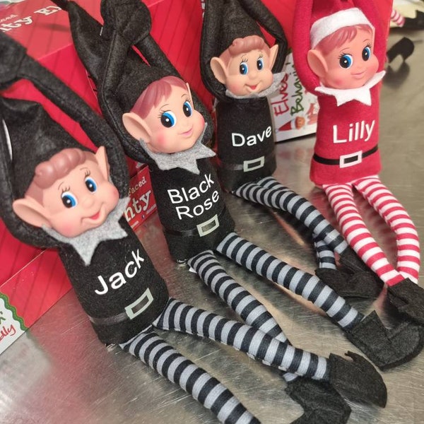 personalised elf in black, Elves Behavin Badly, 12 Inch Long Legged Black Adult Elf with Soft Body, dangly legs, velcro tape to stick hands