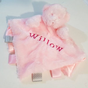 Personalised Baby Teddy bear Comforter Blankie/ tag Blanket soft fluffy Gift toy, ribbons and tags