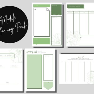 May include: A printable planner pack with a green and white color scheme. The pages feature a ginkgo leaf design and include sections for "Today's Tasks", "Reading List", "Weekly Planner", and "Week of".