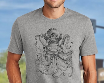 Vintage Octopus diving helmet t shirt steampunk ocean graphic tee retro sea creature drawing grunge sailing soft shirt for men gift