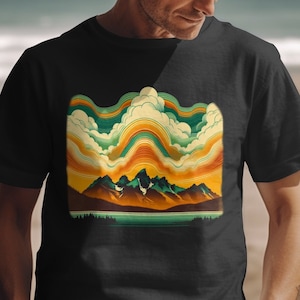 Retro Mountain Landscape Graphic Tee, Vintage Style Nature Art T-Shirt, Colorful Abstract Mountain Scene Shirt, Unisex Outdoor Hiking Tee