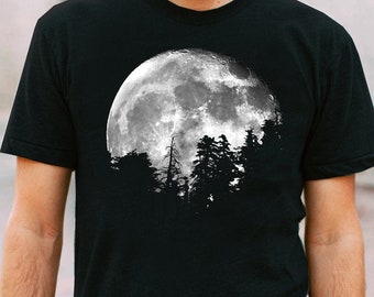 Moonrise Pine Tree Graphic Tee: Outdoors Nature Shirt