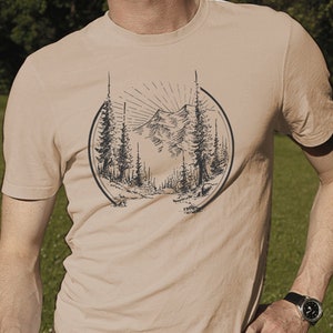 Mens hiking mountain nature t shirt pine tree forest graphic tee unisex outdoor camping trail shirt military sand charcoal sketch print
