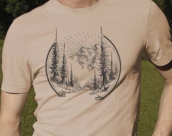 Mens hiking mountain nature t shirt pine tree forest graphic tee unisex outdoor camping trail shirt military sand charcoal sketch print