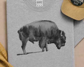 Camiseta con estampado de búfalo, camiseta de bisonte, camiseta de vida salvaje del oeste, camiseta de montaña y naturaleza para actividades al aire libre.