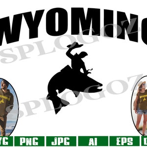 Peut inclure: Silhouette noire et blanche d'une personne chevauchant un poisson avec le mot "WYOMING" en arc noir au-dessus.