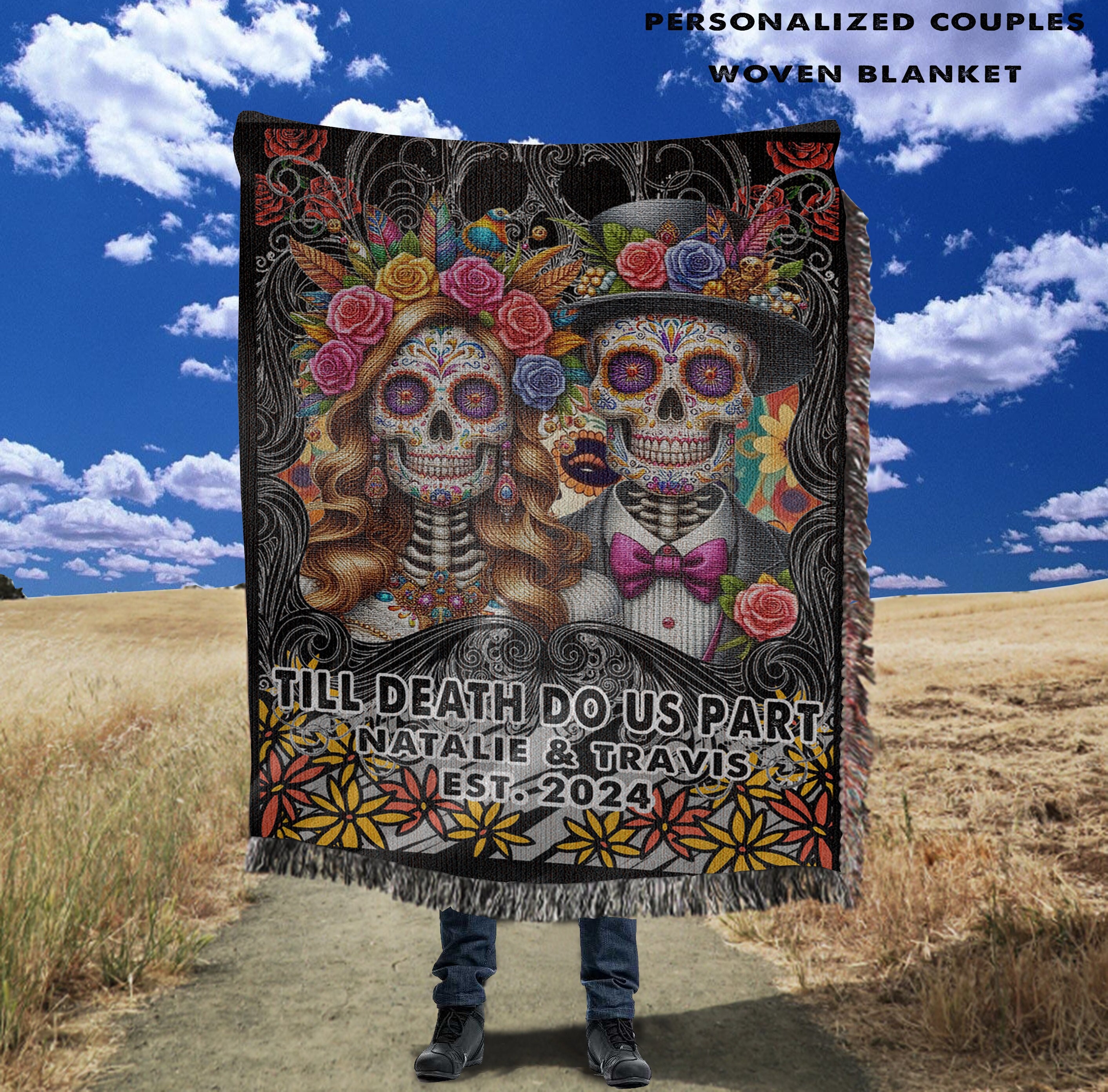 ヴィンテージブランケット　DAY OF THE DEAD BLANKET Vintage Sugar Skull Halloween Woven Blanket, Floral Skull
