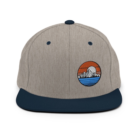 Retro Mountain Flat Bill Snapback | Trendy Cap | Mountain and River Ball Cap | Mens Snapback Hat | Heathered Grey | Boy Friend Snapback Cap