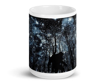 Bigfoot under the night sky coffee mug | believers mug of Sasquatch | hide and seek champion | funny mug gift | night sky with monster |15oz