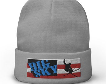 Big Sky Montana Beanie: Patriotic Embroidered Winter Hat, Skier Gift