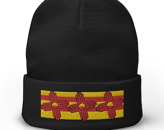 Embroidered Zia Symbol Beanie: New Mexico Winter Hat