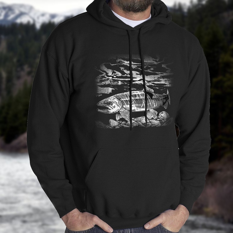 Fisherman Hoodie Fly Fishing Pullover Mountain and Fish Pullover Hoodie